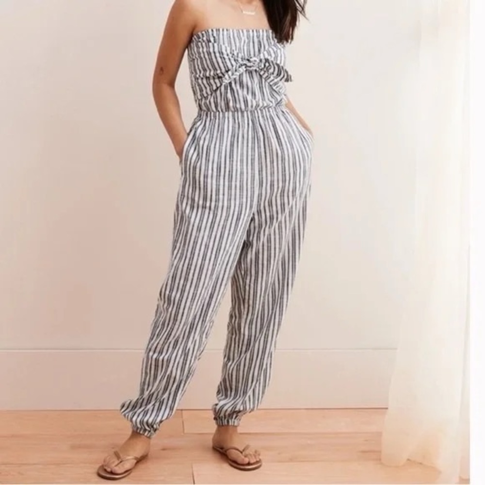 Aerie Strapless Blue and White Striped Jumpsuit, size X-Small